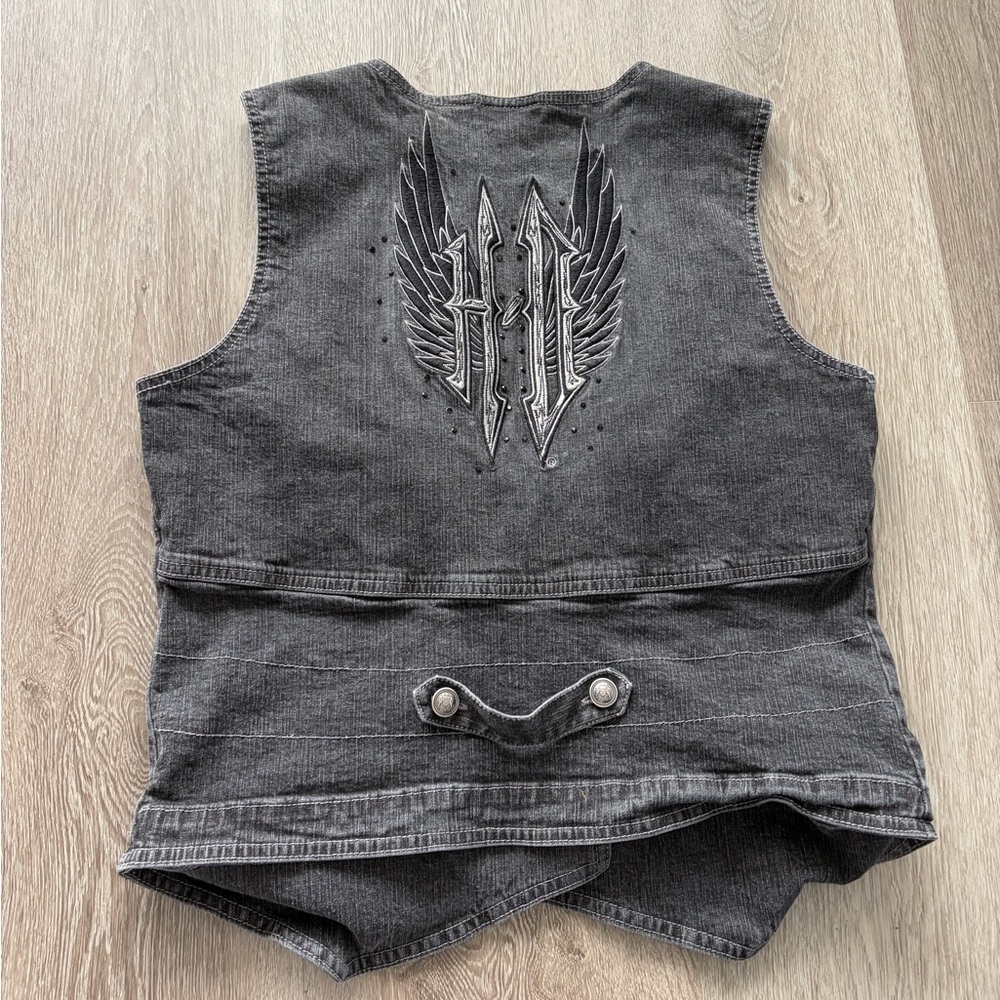 Harley-Davidson double breasted wings blinged‎ black denim vest biker